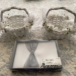 GUESTBOOK AND 2 White Wedding Baskets